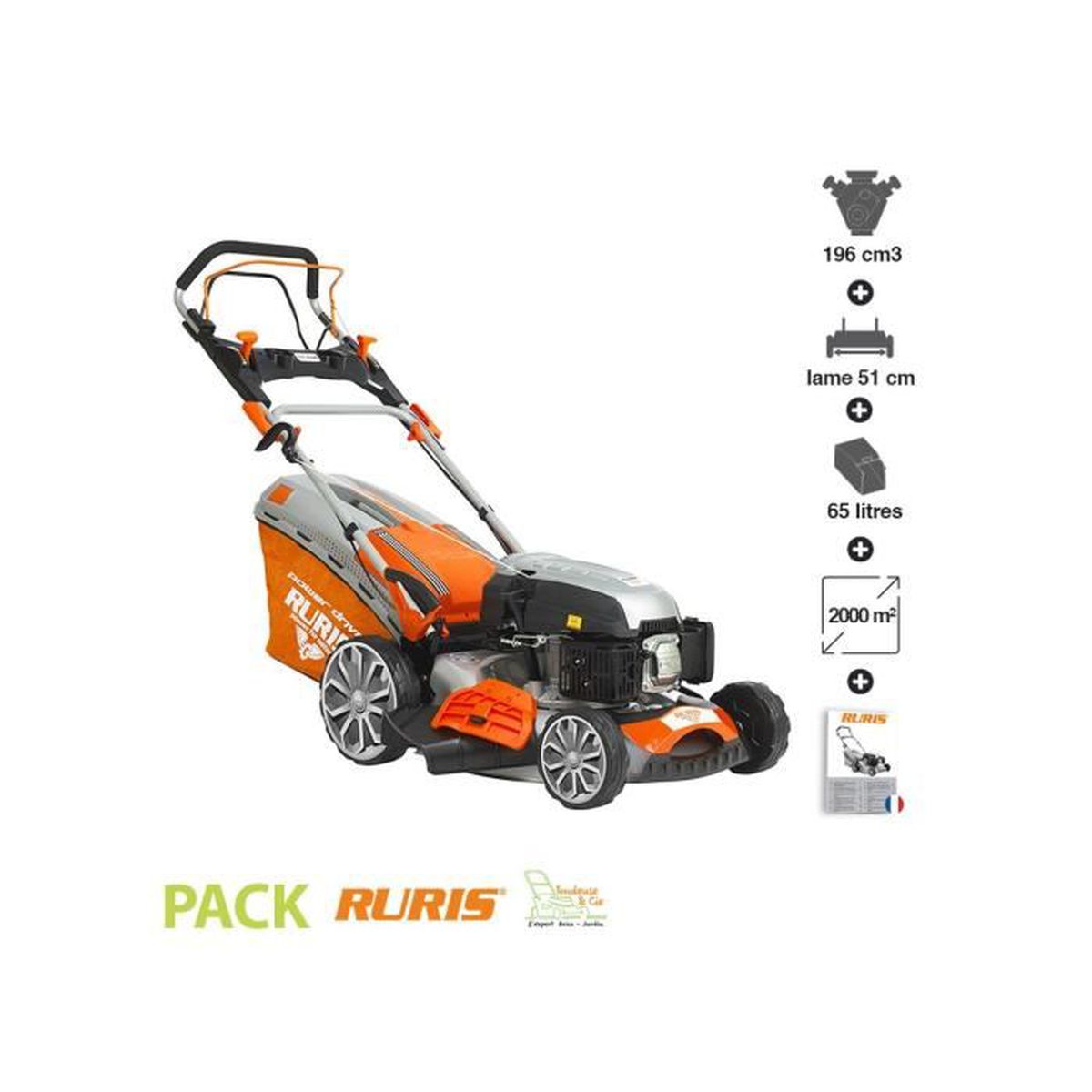 Tondeuse thermique mulching 5 en 1 5,7 cv 196 cm3 lame 51 cm Ruris RX400s
