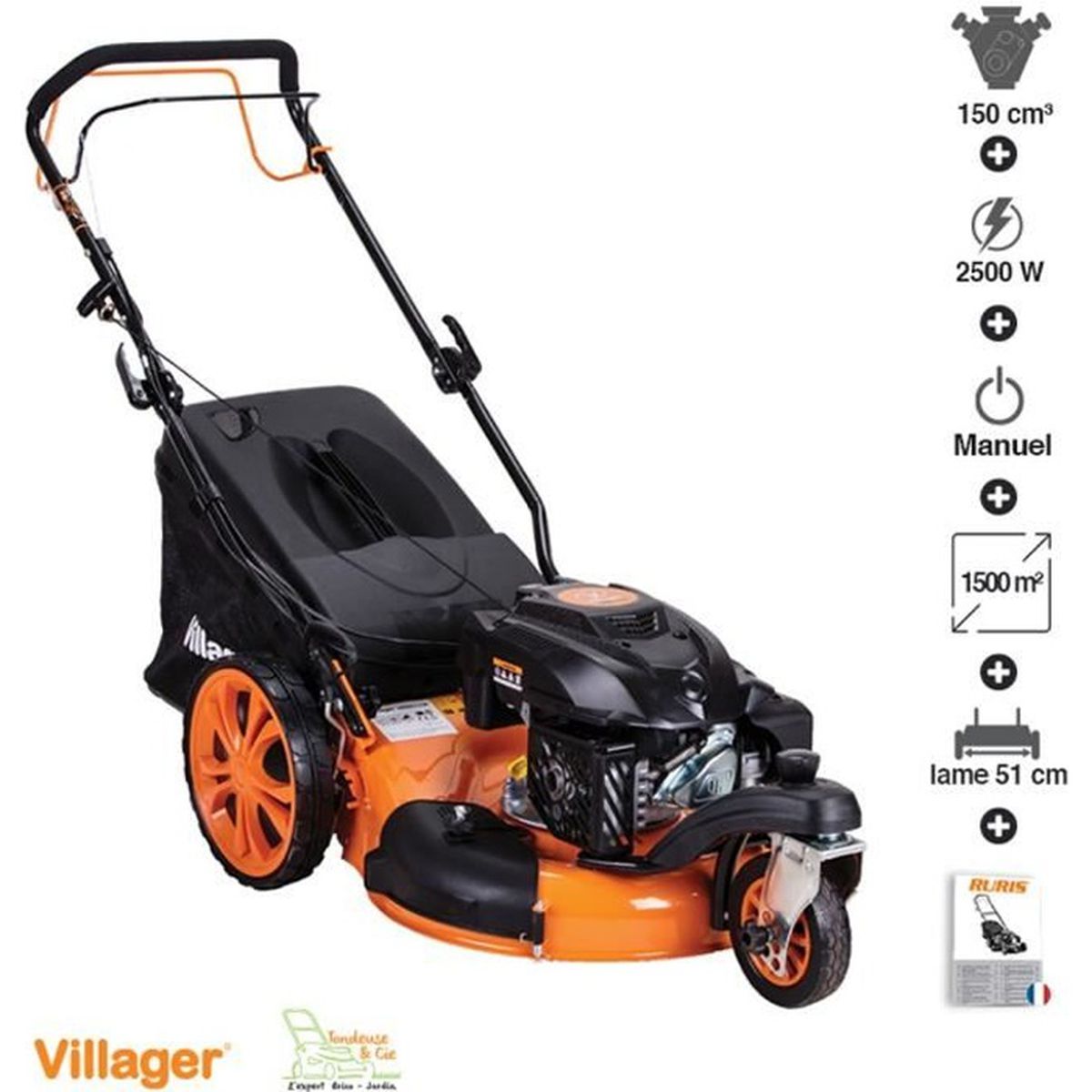 Tondeuse thermique mulching tractée 150cc 4,3cv 3 roues coupe 51cm VILLAGER VRSH555R