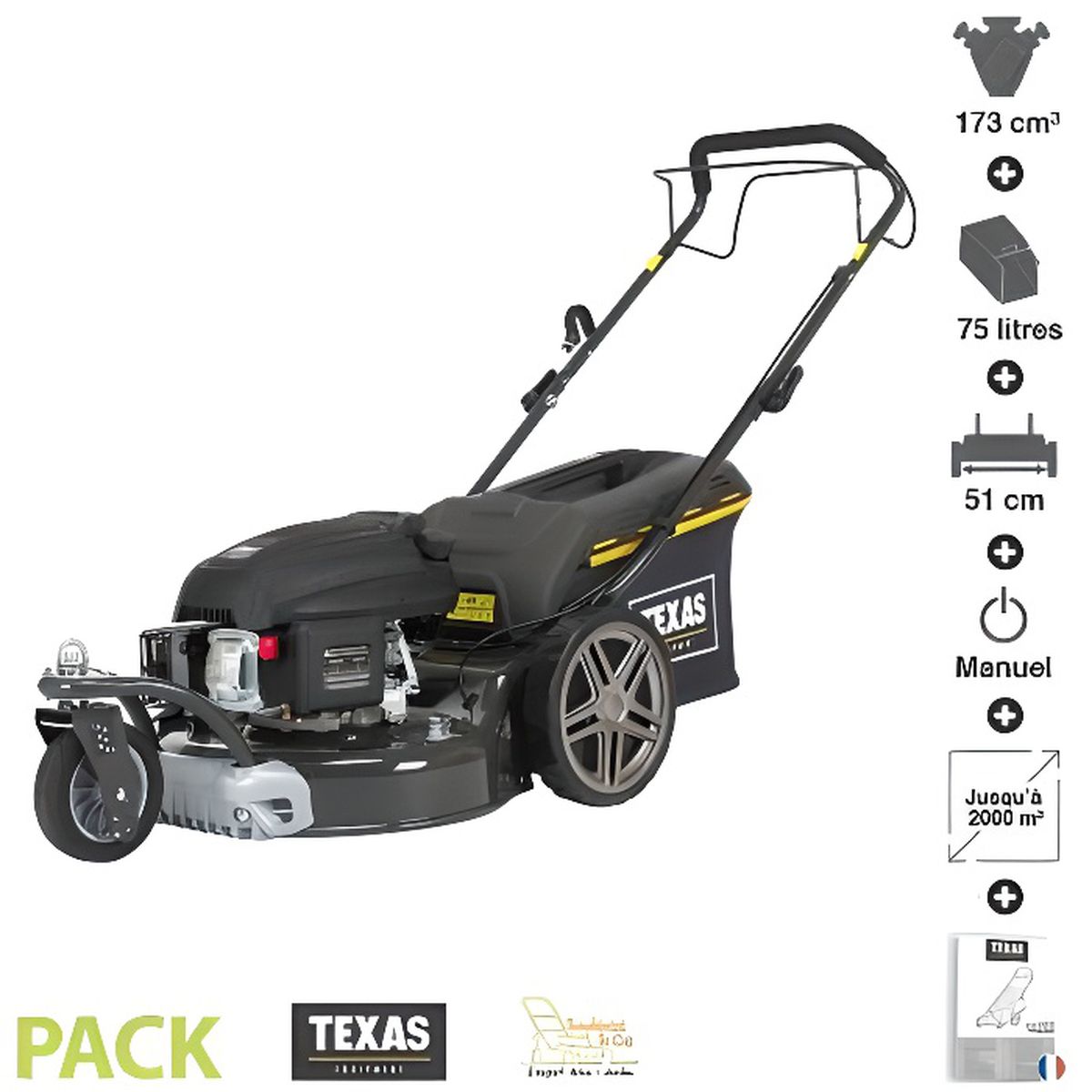 Tondeuse thermique tractée 173 cc 3 roues 4,3cv coupe 51cm mulching TEXAS Premium 4675TR/W